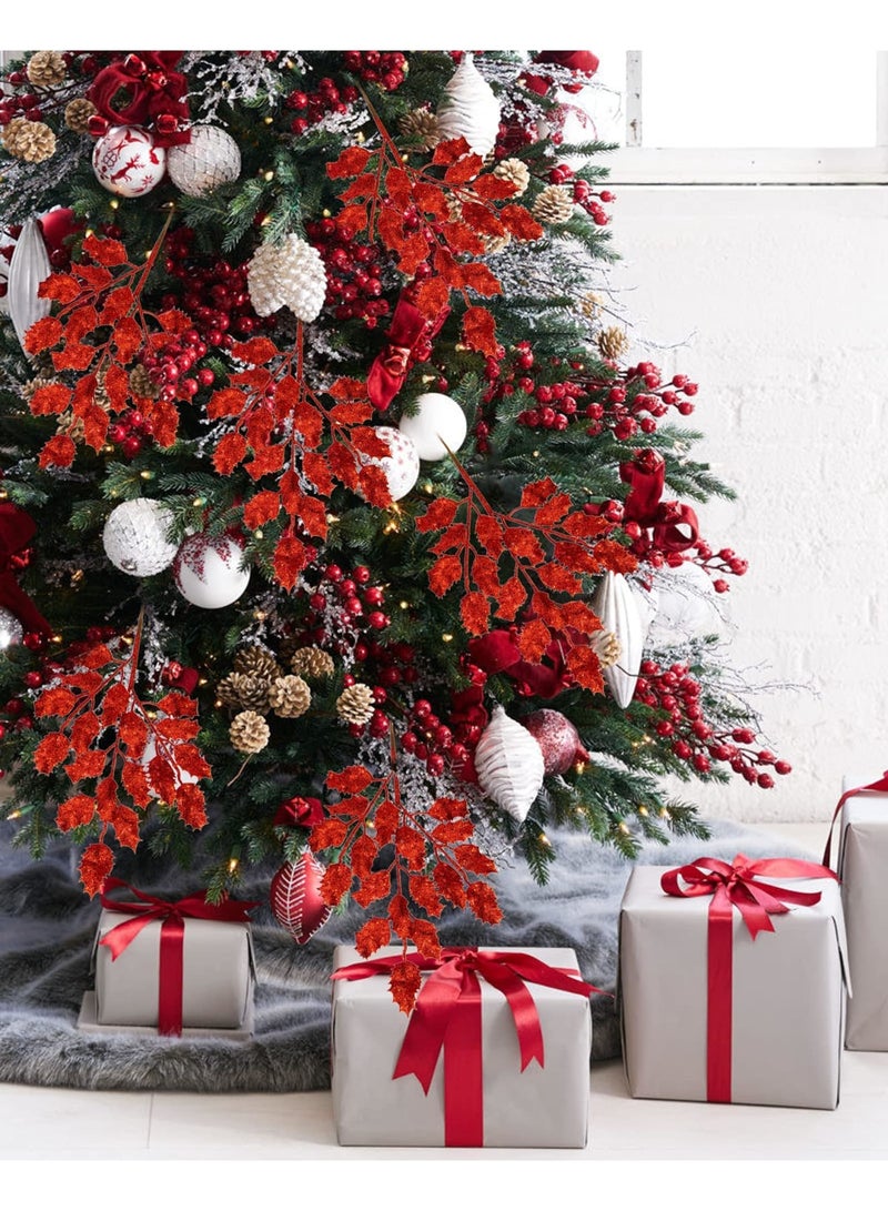 SYOSI 6Pcs Glitter Leaves Holly Leaves 14" Artificial Red Holly Leaf Picks Sprays Giltter Stems for Tree DIY Wreath Garland Home Decor - Red - Image 3